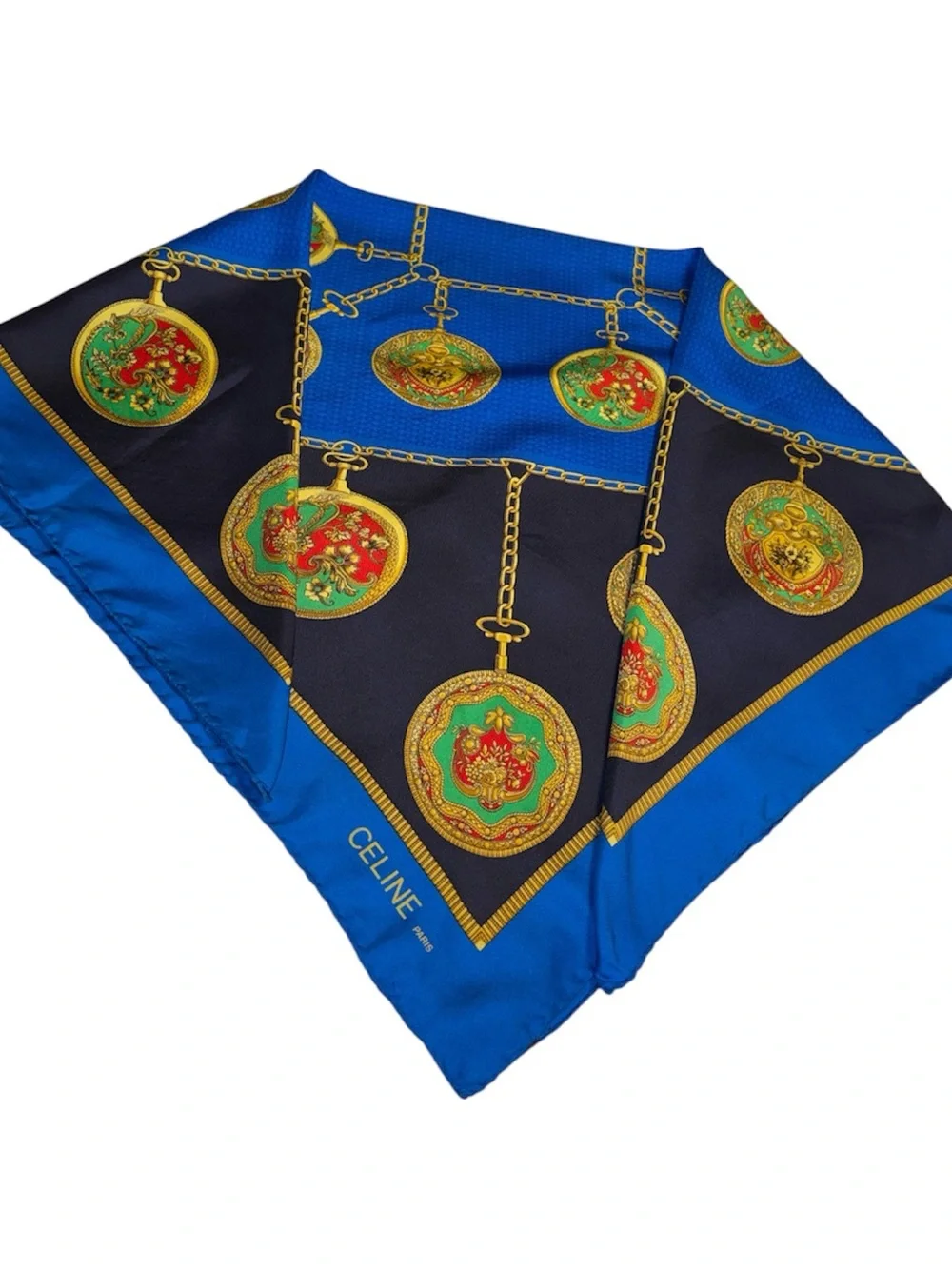 Celine Blue, Black & Gold Silk Scarf with Heraldic Print